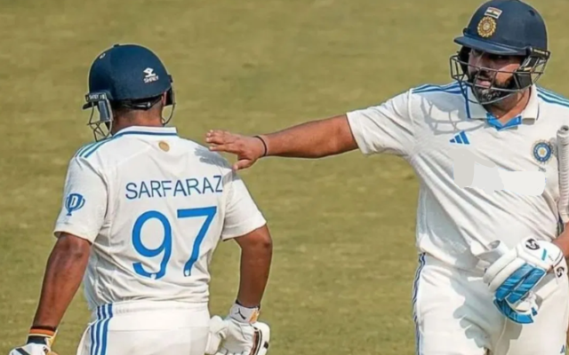 Sarfaraz Khan while going to bat on Day 1 of the ongoing Rajkot Test